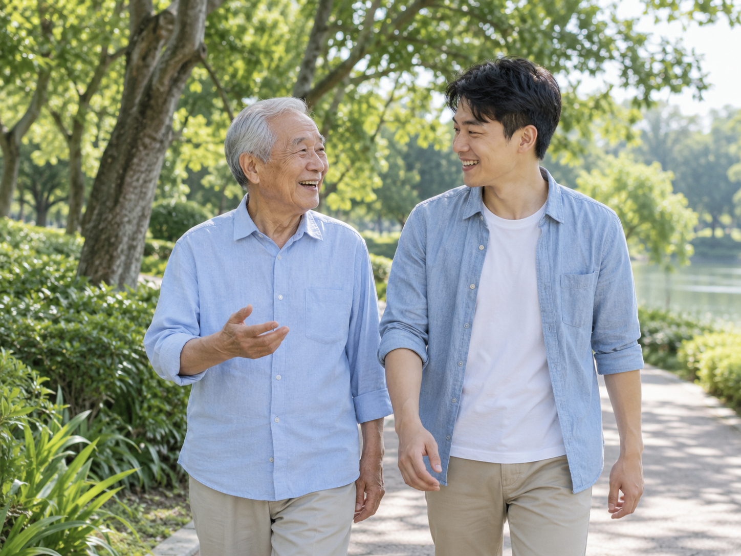 一老一少两位伙伴在公园散步聊天